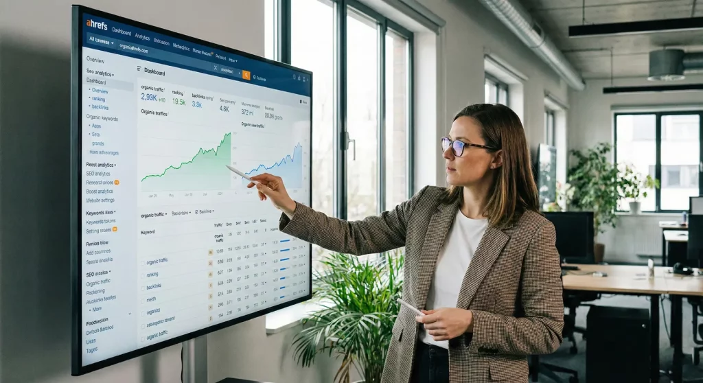 Consultante SEO experte analysant une courbe de trafic organique en hausse sur un grand tableau de bord d'analyse de données.