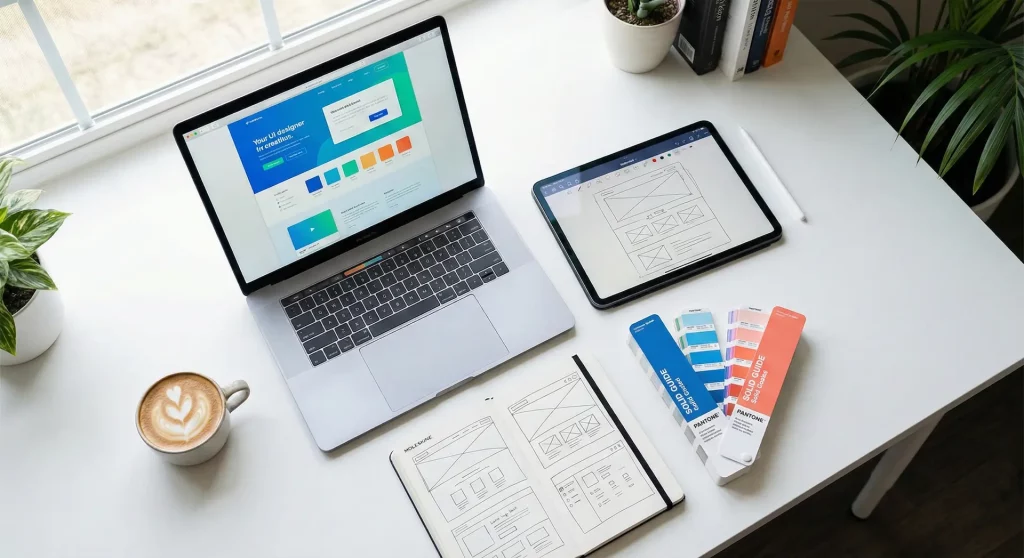 Vue de dessus d'un bureau de designer web créatif avec un ordinateur affichant une maquette couleur, une tablette avec des wireframes et un nuancier.