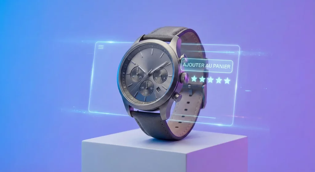 Mise en scène produit d'une montre avec une interface holographique "Ajouter au panier" et des avis 5 étoiles, illustrant une boutique WooCommerce performante.