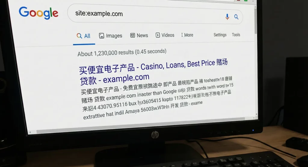 Écran d'ordinateur affichant les résultats de recherche Google d'un site WordPress infecté par du spam SEO et des caractères chinois, nécessitant un nettoyage d'urgence.