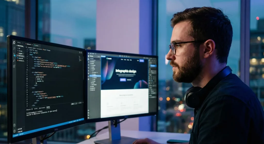 Développeur web concentré travaillant tard le soir sur le code et le design d'un site internet sur un double écran.