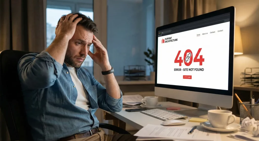 Propriétaire de site web stressé face à un écran affichant une erreur 404 critique, illustrant le besoin d'un dépannage WordPress rapide.