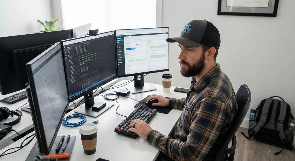 Expert technique portant une casquette WordPress analysant du code complexe et des graphiques de performance sur une configuration à trois écrans.