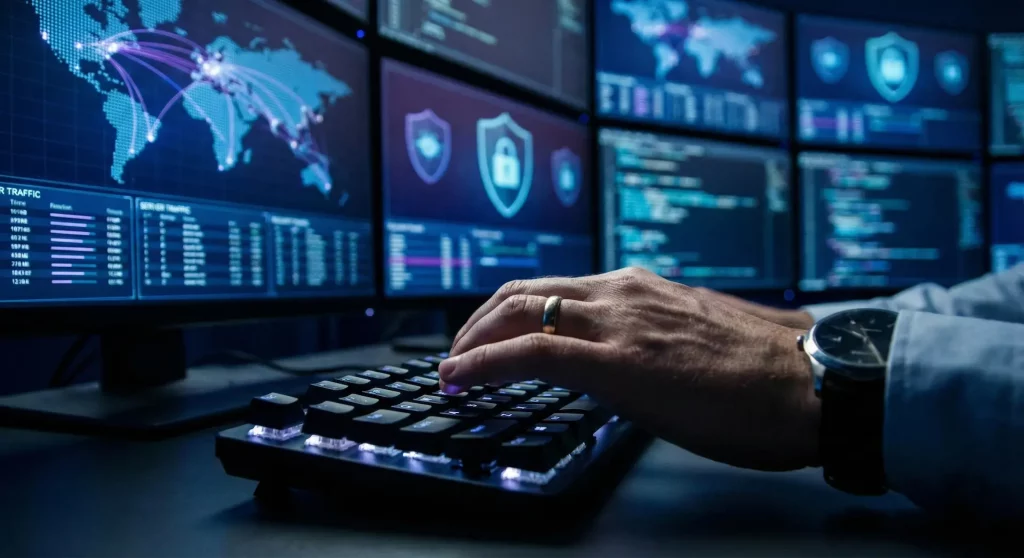 Gros plan sur les mains d'un expert en cybersécurité configurant un pare-feu pour protéger des sites WordPress, avec écrans de surveillance en fond.