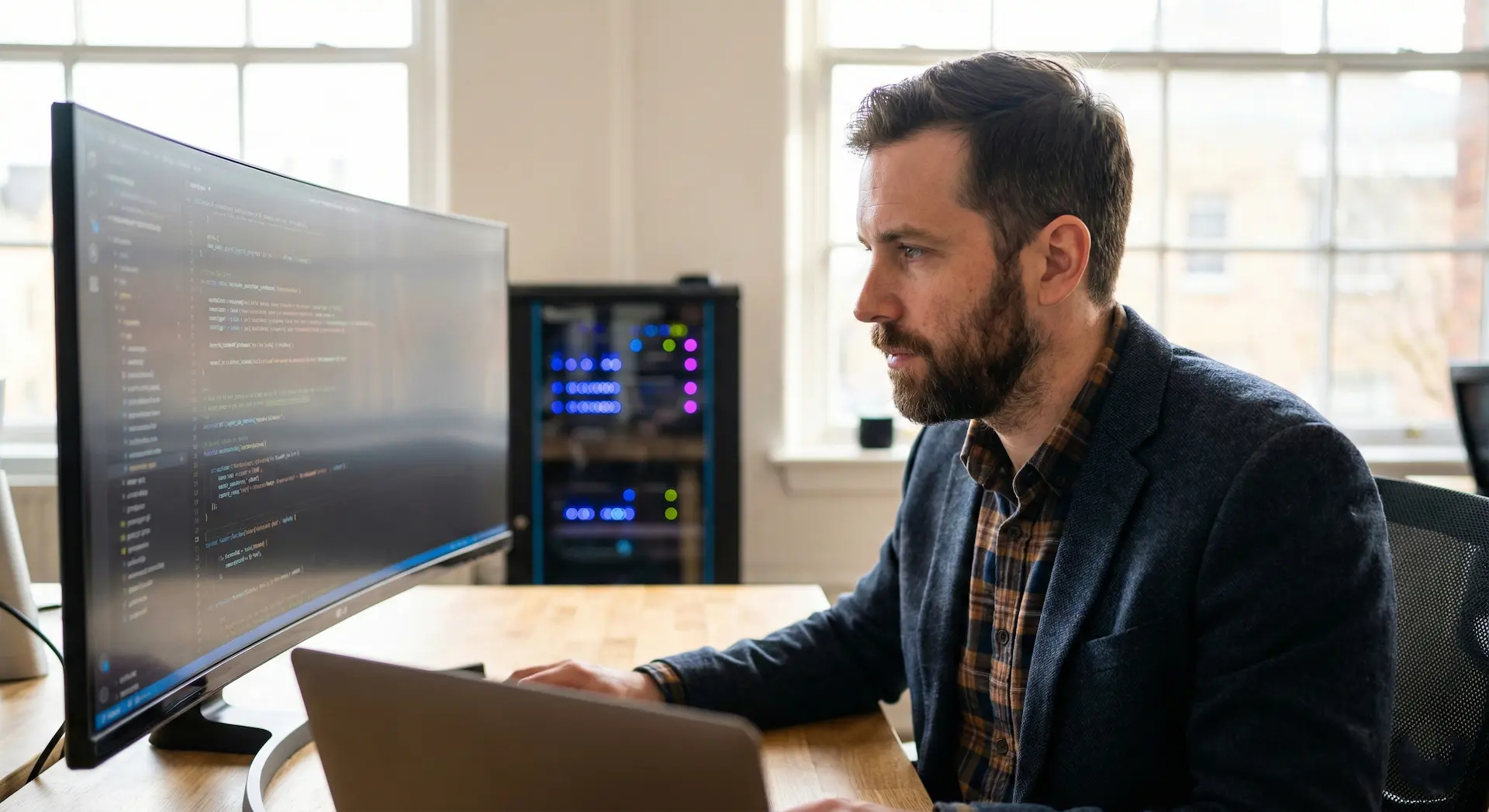 Développeur web expert analysant du code complexe sur un écran incurvé dans un bureau technique.