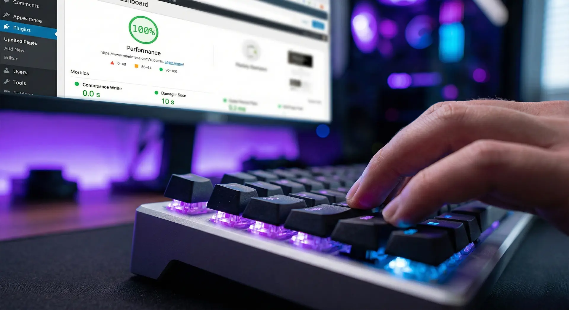 Gros plan sur les mains d'un développeur expert tapant sur un clavier mécanique, avec un écran d'analyse de performance en arrière-plan.