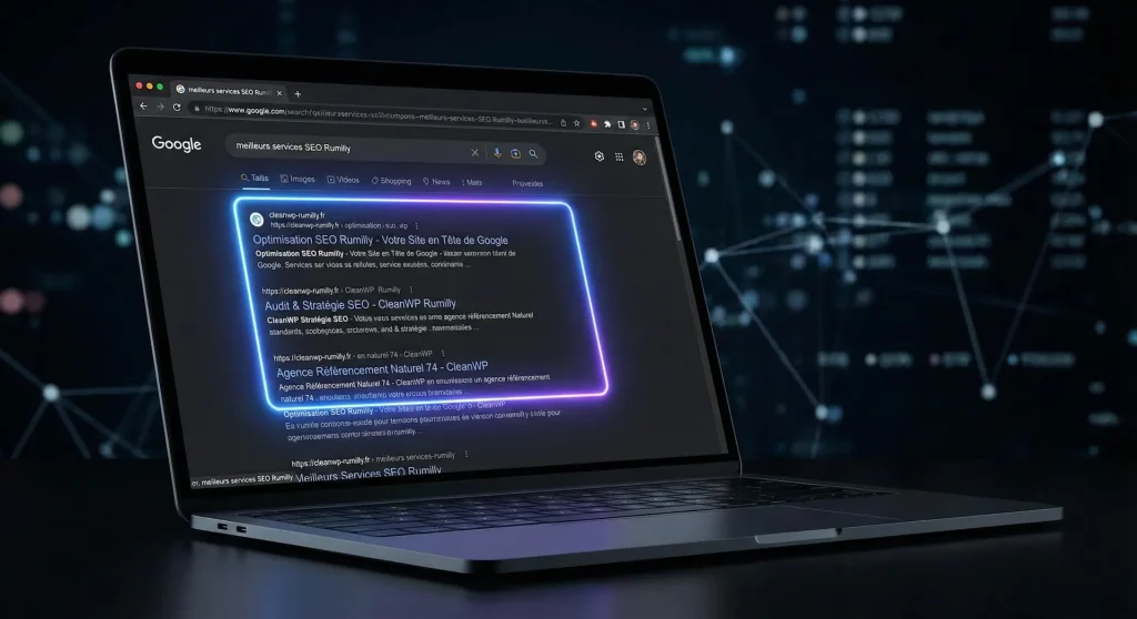 Écran d'ordinateur portable affichant les résultats de recherche Google (SERP) avec le site du client mis en évidence en première position.