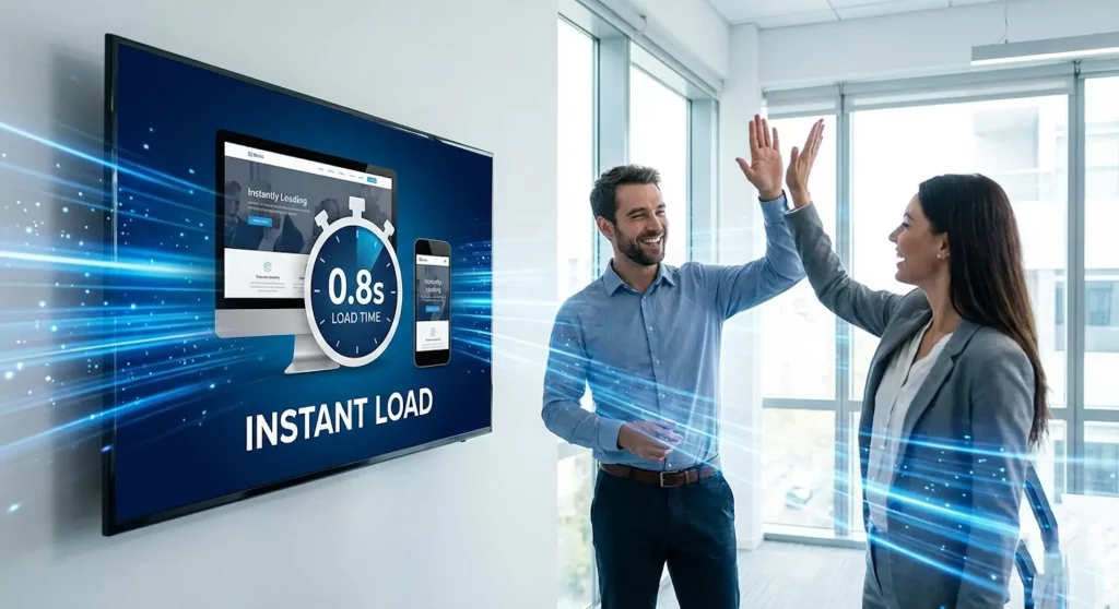Équipe technique célébrant une optimisation réussie devant un écran affichant un temps de chargement ultra-rapide de 0,8 seconde.