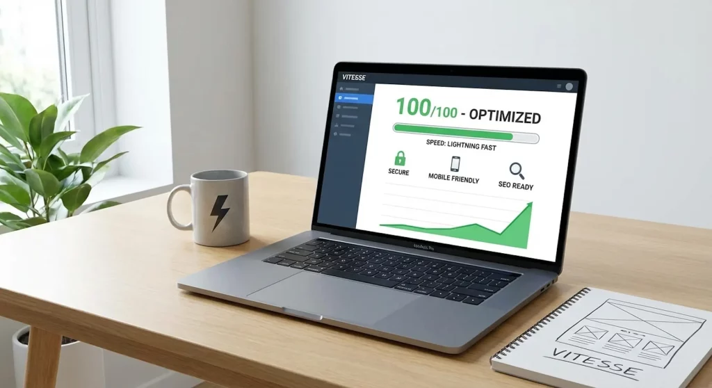 Ordinateur portable affichant un rapport d'optimisation web parfait avec un score de 100/100 et des indicateurs de vitesse verts.